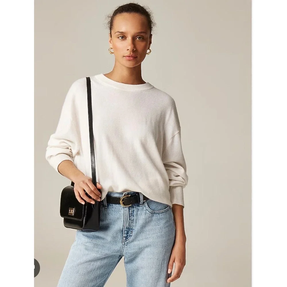J.CREW Cashmere Relaxed Crewneck Sweater‎ Large Ivory NEW Luxury Soft Cozy CB905